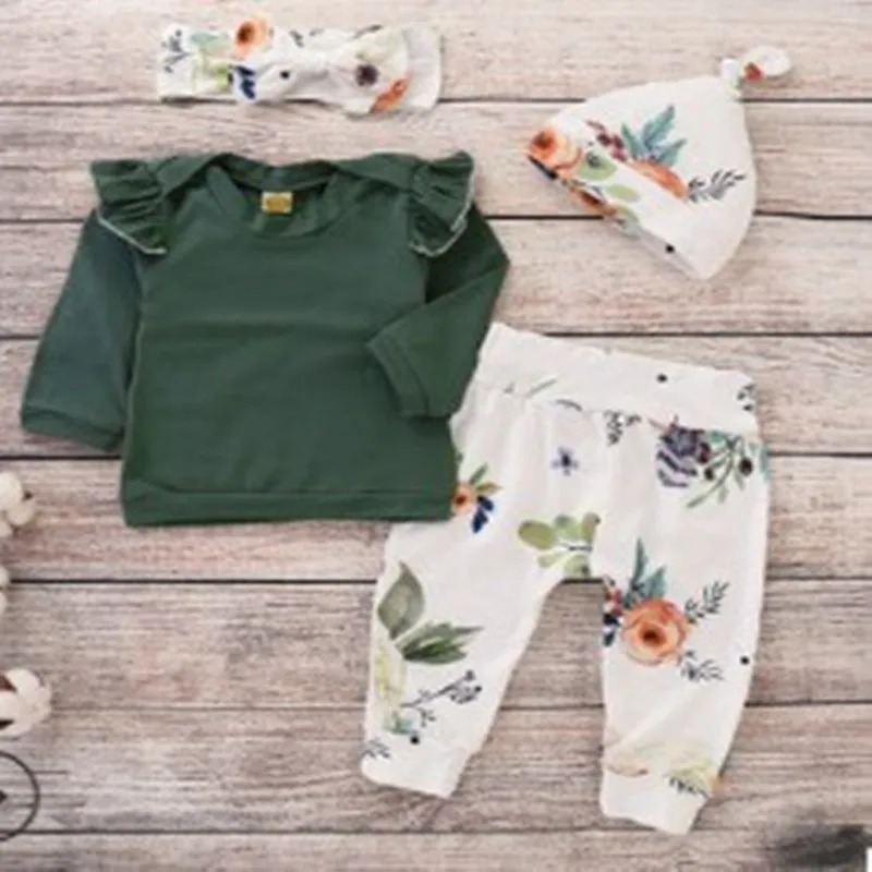 

Long sleeve autumn and winter yellow green solid color suit flying sleeve solid color t clothes peony pants 4-piece HAT + headsc
