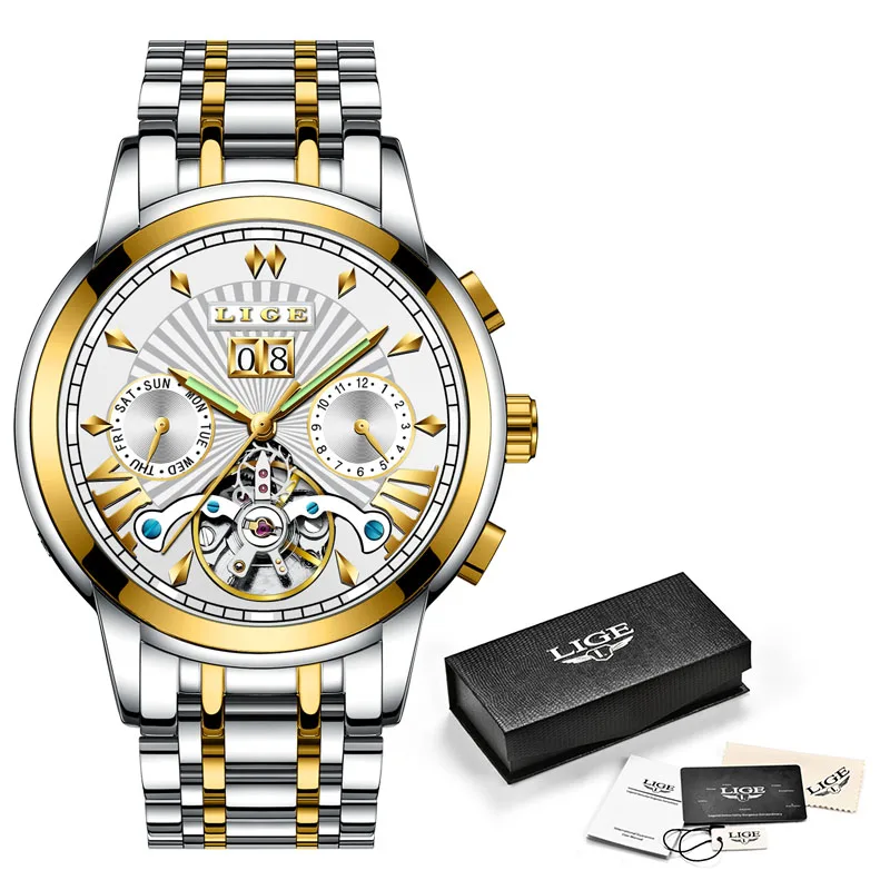 Rose gold whiteS LIGE мужские s часы Топ люксовый бренд Tourbillon автоматические механические часы мужские водонепроницаемые часы со скелетом Montre Homme+ коробка - Цвет: Rose gold whiteS