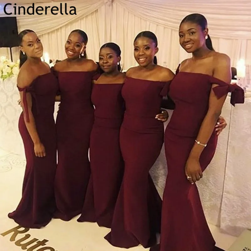 

Burgundy Bridesmaid Dresses Strapless Sleeveless Mermaid Sweep Train Bridesmaid Dresses With Zipper Back Wedding Party Dresses