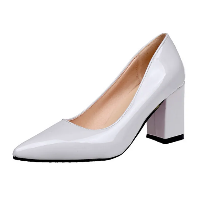 Туфли лодочки женские из ПУ кожи высокий толстый каблук заостренный носок без