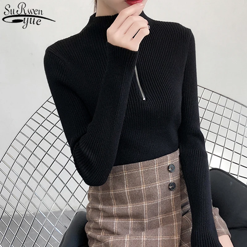 

Office Lady Style Pullover Bottoming Winter Clothes Women with Zip Autumn New Solid Wool Sweaters Turtleneck Women Sweater 10553