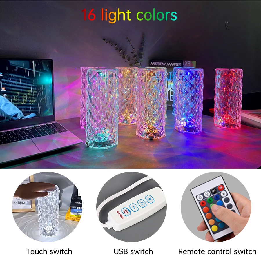 

New LED Night Lights ROSE Cylinder Diamond Table Lamp Rotational Crystal Desk Lamps Gift For Bedroom Decoration Art Decor