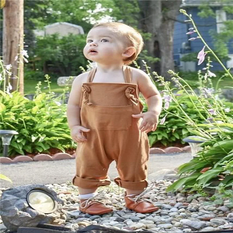 

0-24M Newborn Kid Baby's Solid Color Jumpsuit, Toddler Boy Girl Cute Spaghetti Straps Square Neck Long Pants Romper