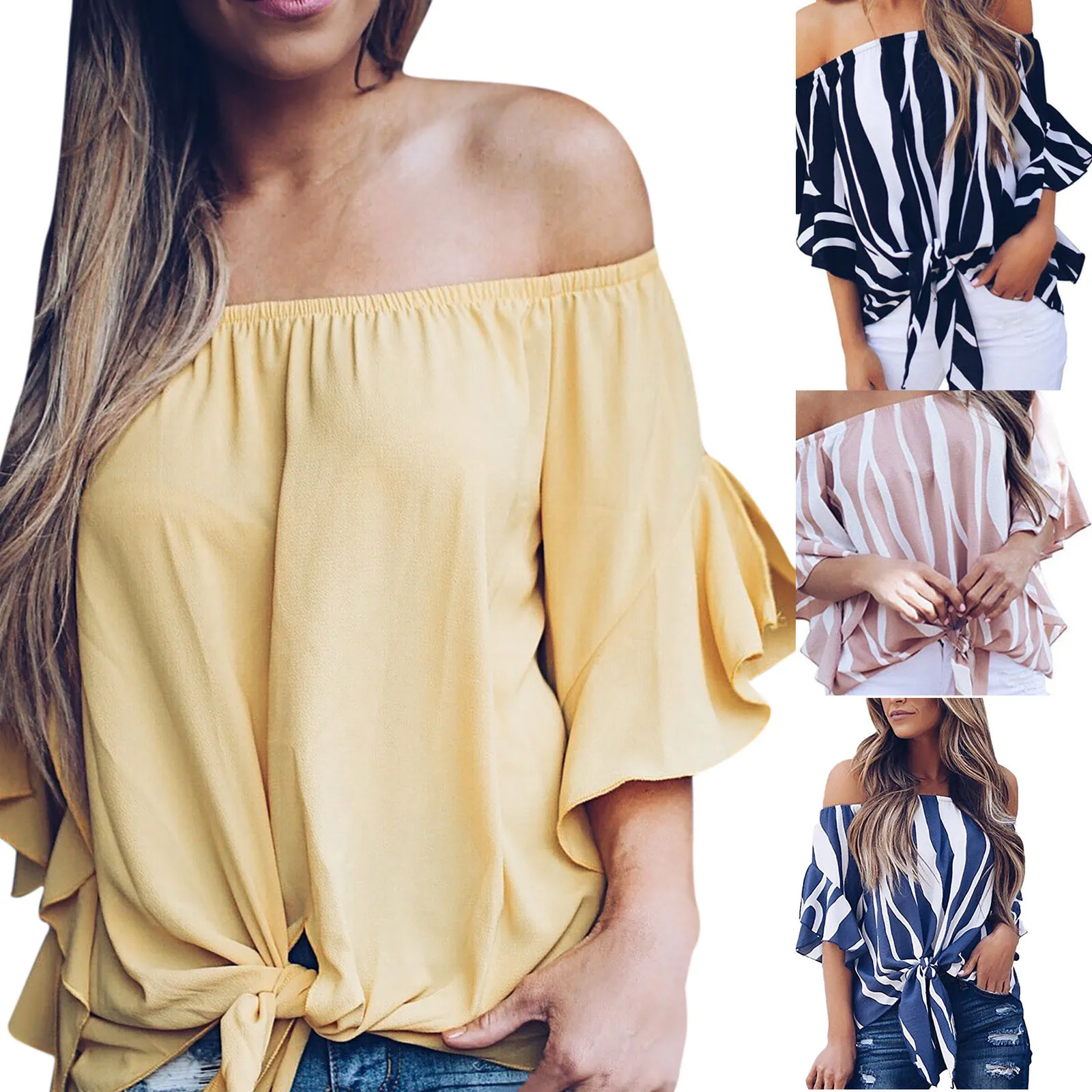 

Fashion Blouses Women Casual Striped T-Shirts Ladies Printed Sexy Off Shoulder Neck Chiffon Striped Knotted Casual Shirts Tops