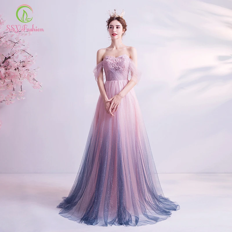Женское вечернее платье SSYFashion розовое или фиолетовое с градиентом кружевной