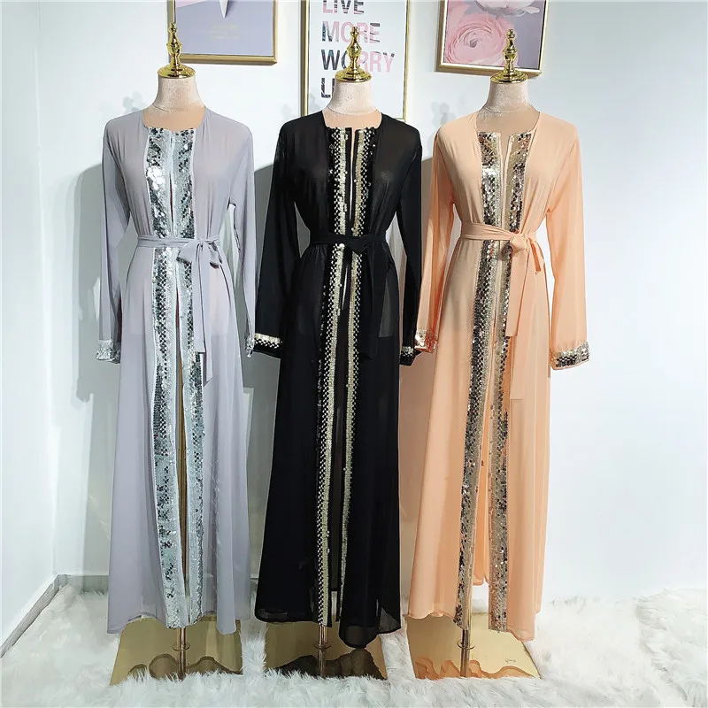 Siskakia Sequins Trim Kimono Abaya for Women 2020 Dubai Muslim Modest Eid Mubarak Moroccan Arabic Turkish Islamic Clothing Black