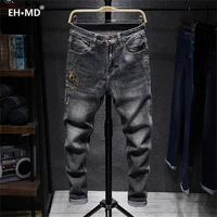 eh %c2%b7 md%c2%ae2020 cyan dragon embroidered jeans mens chinese retro small straight loose fashion large size gray trousers golden silk