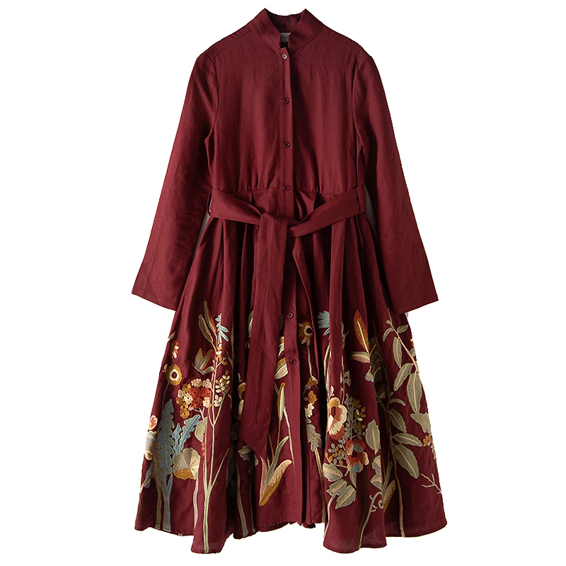 

Dress 100%Linen Wome's Luxurious 2021 Autumn Winter Spring Lady Exquisite Embroidery Long Sleeve Party Gorgeous Dress Trench 3XL