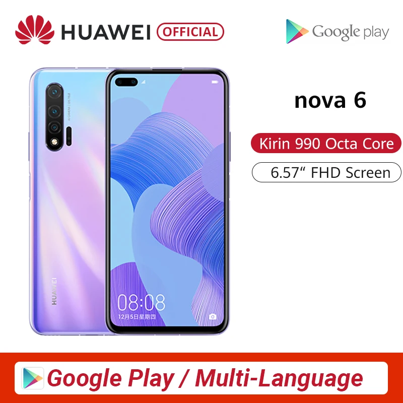 huawei Nova 6 смартфон 40MP AI камера s мобильный телефон 32MP фронтальная камера 6,57 ''полный экран Kirin 990 Android 10 4G Версия