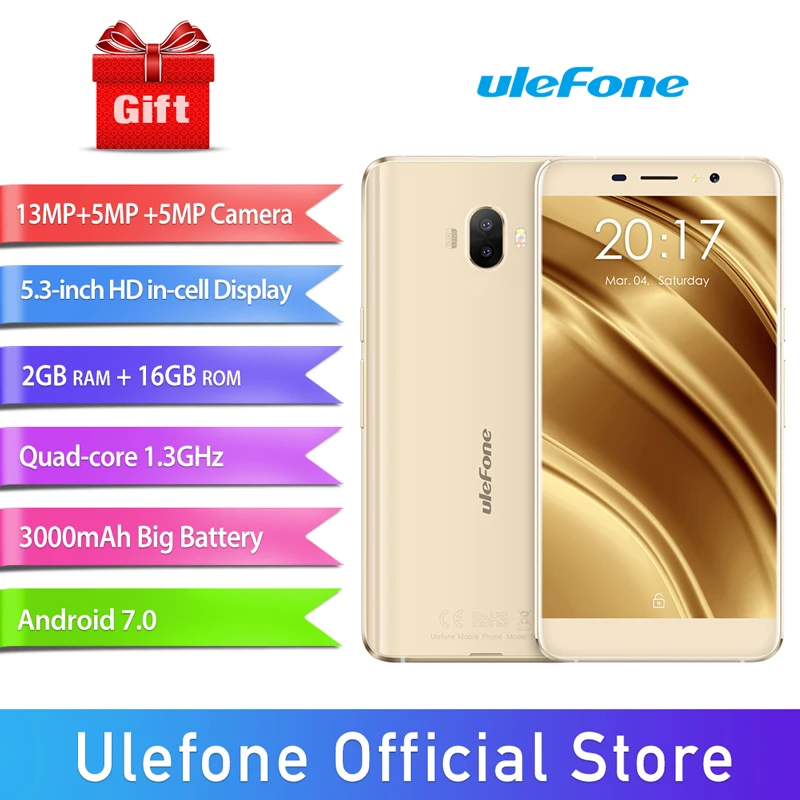 Ulefone S8 Pro Двойная камера мобильный телефон 5.3 дюймов HD MTK6737 4 ядра android 7.0 2 ГБ + 16 13MP
