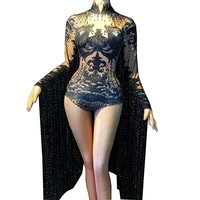 long tassel sleeve accessories pattern printing bodysuit rhinestones backless bodycon club dance costume for women stage wear