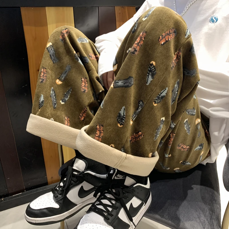 

Ginger/Black Fashion Feather Printed Corduroy Pants Men Winter Flannel Casual Staight Pants Streetwear Daliy Wide-leg Trousers