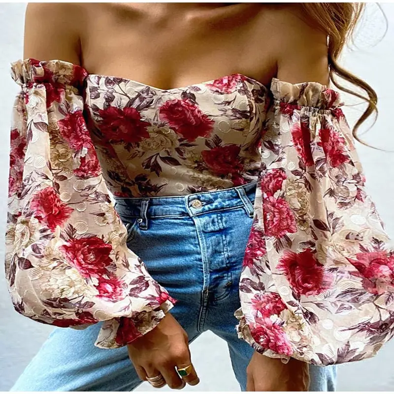 

Chic Women Floral Off Shoulder Blouse Tops Sexy Frill Long Lantern Sleeve Strapless Corset Tops Fashion Slim Fit Tops