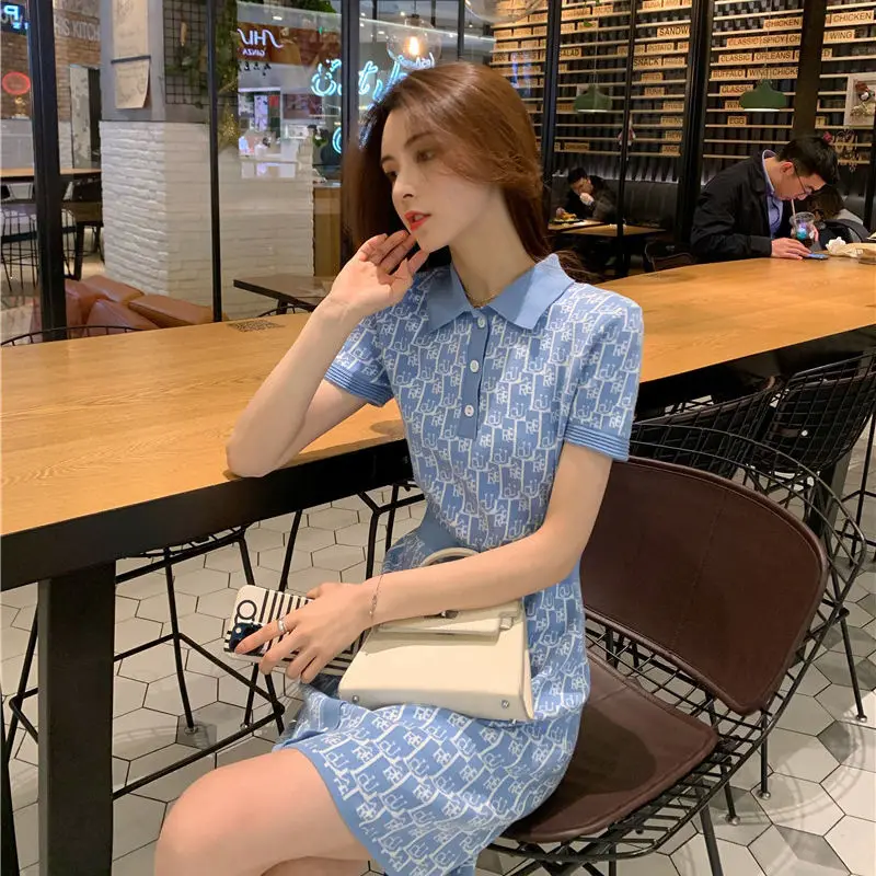 

Knit dress children summer 2021 summer waist waist was thin temperament polo collar short-sleeved skirt ladies