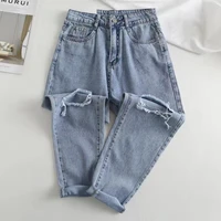 womens jeans 2020 ripped female jeans korean button hole ms denim high waist loose casual pencil pants