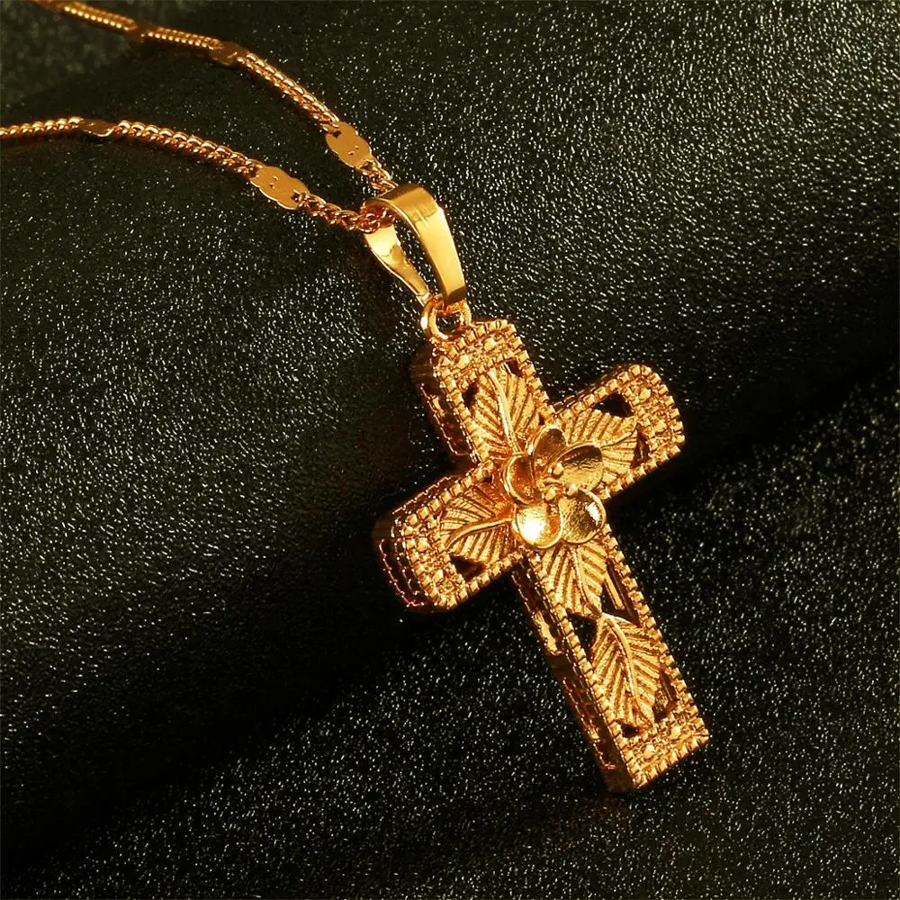 

Gold Color Flower Leaf Cross Pendant Necklace Eterner Trendy Flower Cross Jewelry
