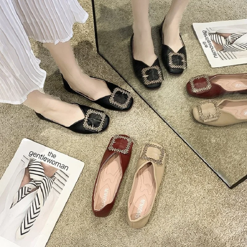 

My-Love 2020 New fashion Square buckle Flat Single Shoes Casual Women Shoes Comfortable Round Toe Flat Shoes Women Boat Shoes