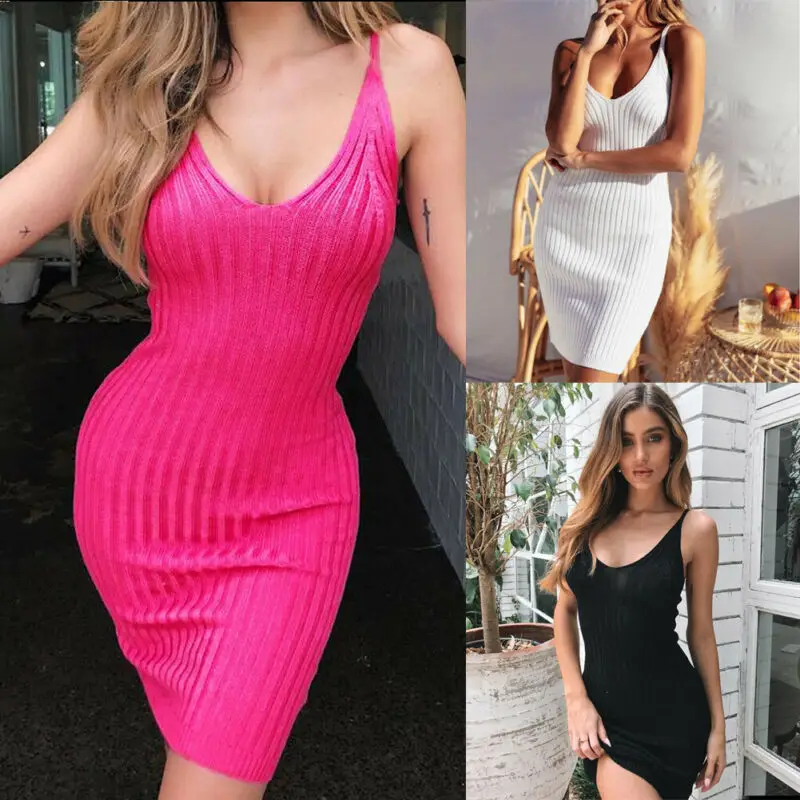 Женское трикотажное платье на бретелях-спагетти с V-образным вырезом | Женская