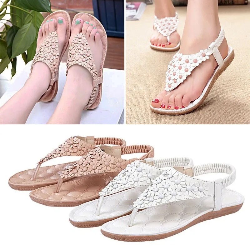 

Fashion Women Sandals Comfortable Breather Beading Summer Sandal Slip-on Boho Beach Sandals Sweat Flower Shoes