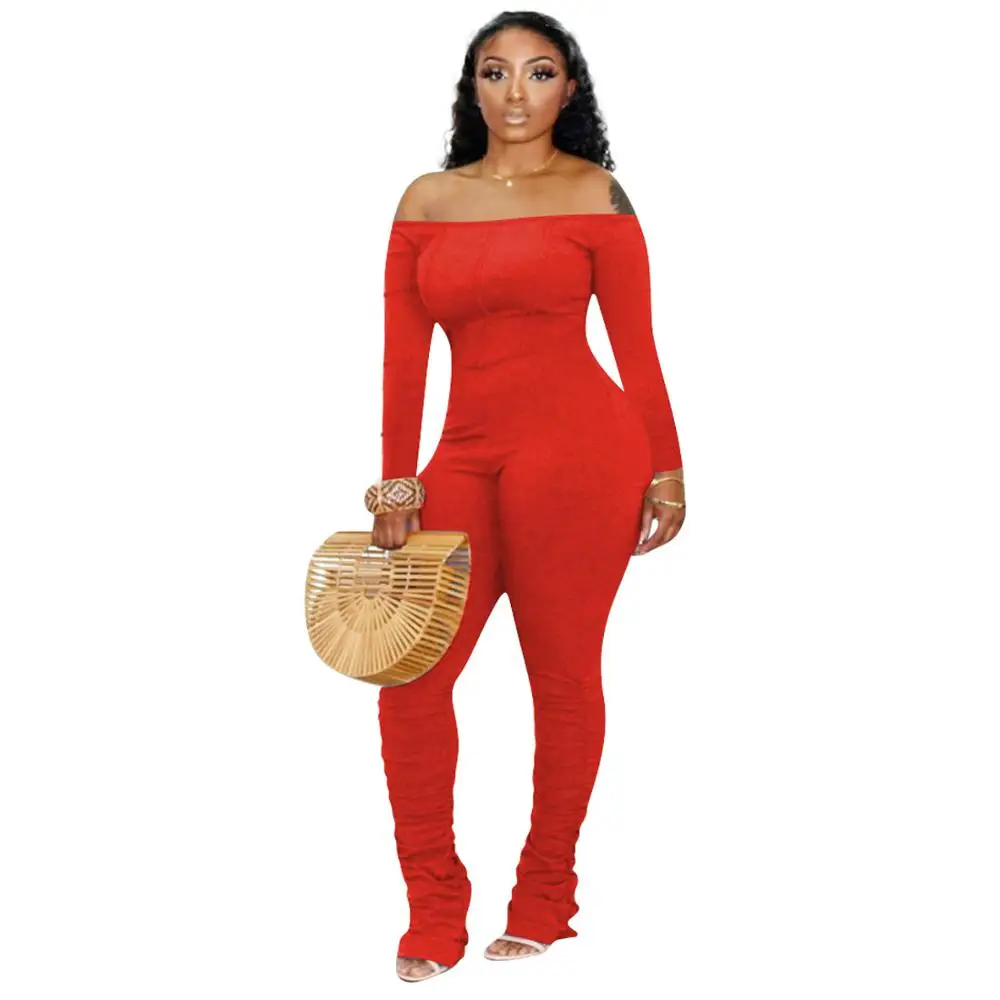 

Fall 2020 new fashion solid color party Jumpsuit slim fit off shoulder long sleeve women's shirt pants