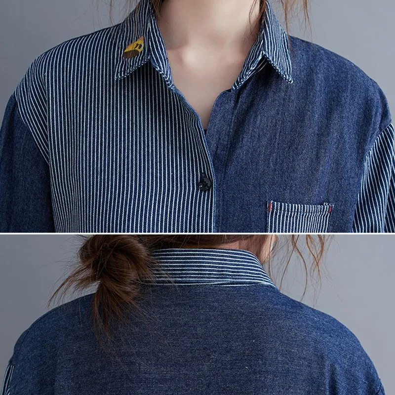 

Women Autumn Denim Long Shirts New Arrival 2020 Fashion Patchwork Striated Loose Comfortable Female Casual Outerwear Tops S1741