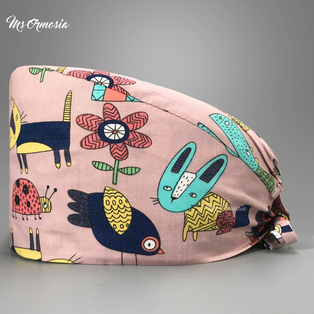 

unisex High Quality Animal printing Hospital Breathable medical caps Dentist Pet clinic Scrubs hat customize cotton Nurse Cap
