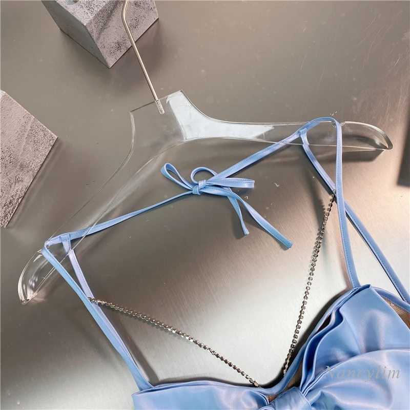 2021 Summer New Korean Style Sweet Satin Bow Rhinestone Chain Short Camisole Tanks Female Sexy Top