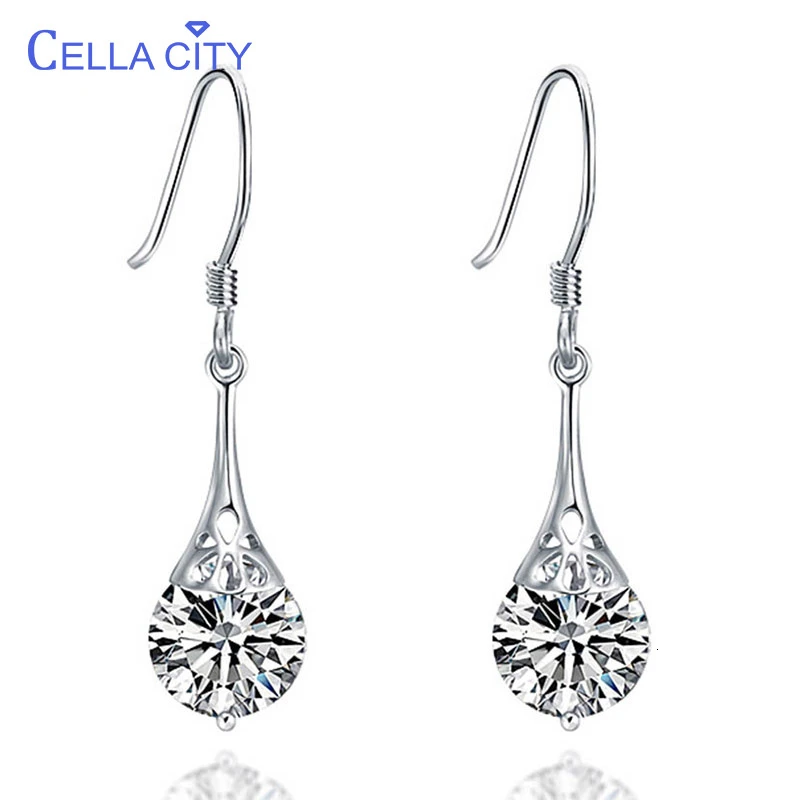 Женские серьги подвески из серебра 925 пробы с круглым аметистом и цирконием для