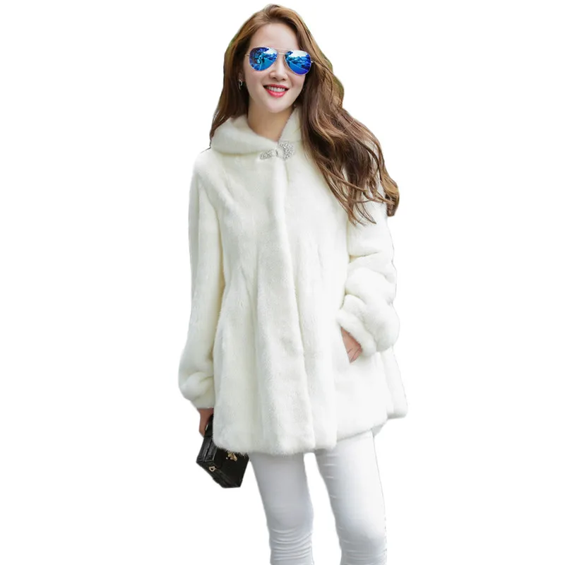 

Пальто с мехом для женщин Белый S-4XL размера плюс с капюшоном 2020 на осень-зиму новые модные тонкие длинные рукава из искусственного меха норк...
