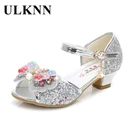 Блестящие сандалии ULKNN для девочек, бабочка со стразами, детская обувь для латиноамериканских танцев, обувь принцессы на высоком каблуке, кожаная Свадебная обувь