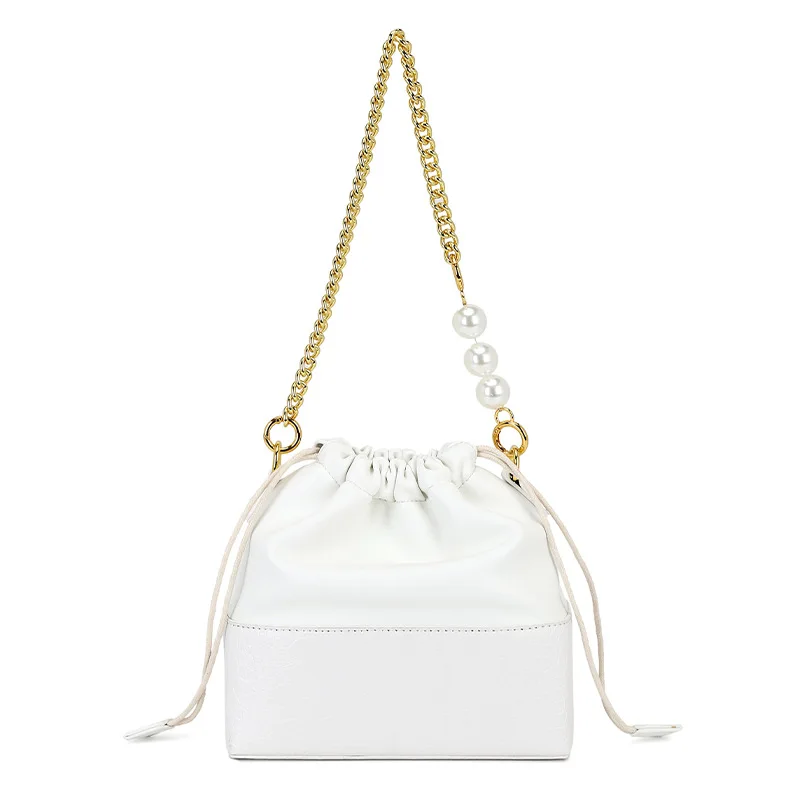 

Lattice Pearl Drawstring Bucket bag 2021 Summer New Quality PU Leather Women's Designer Handbag Chain Shoulder Messenger Bag