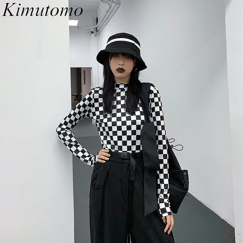 

Женская клетчатая водолазка Kimutomo в Корейском стиле, модная весенне-осенняя коллекция 2021 года, женские топы с длинным рукавом и зауженной та...