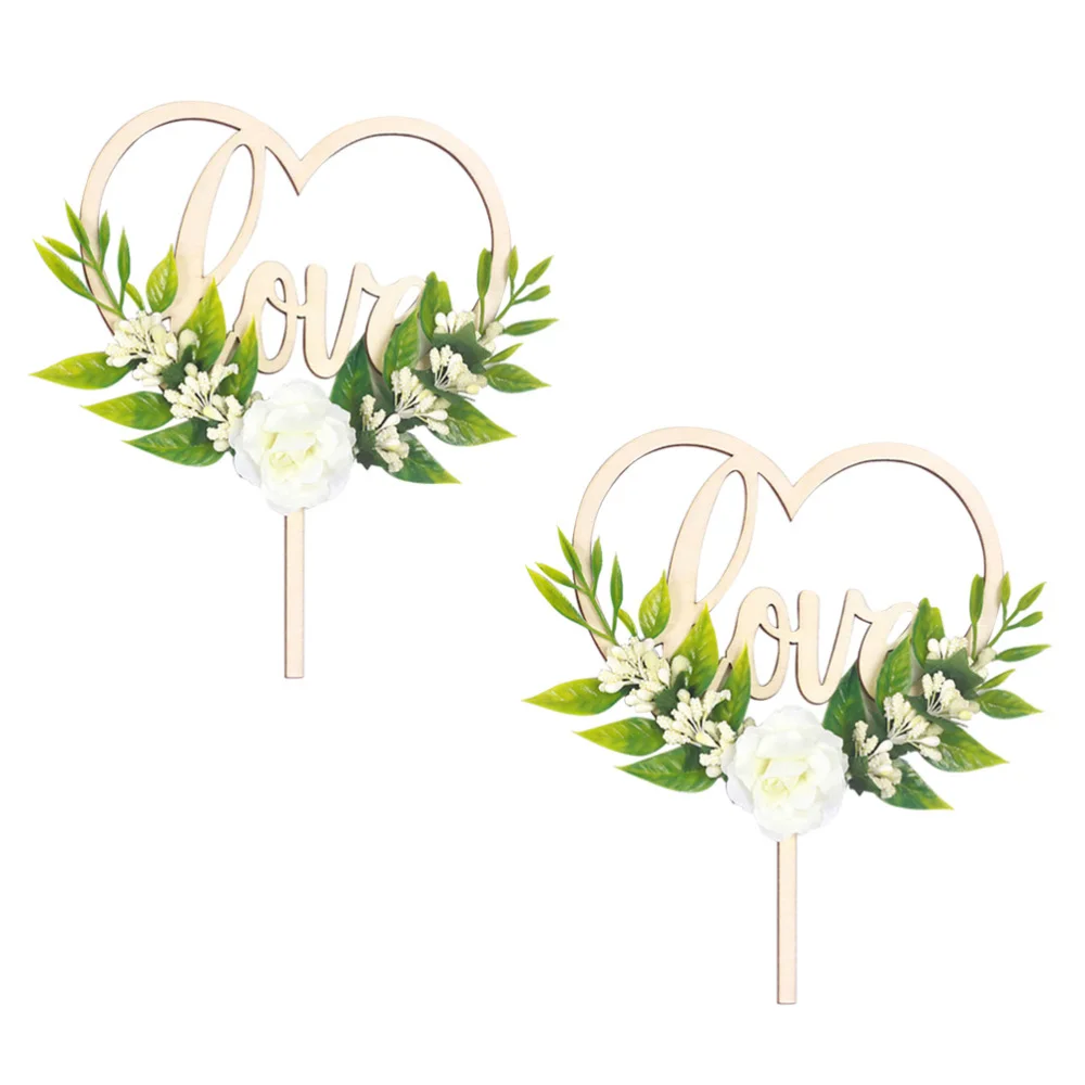 

2pcs Wooden Cake Insert DIY Cupcake Toppers LOVE Decorated Cake Pick Flower Cake Decor Party Favors for Wedding