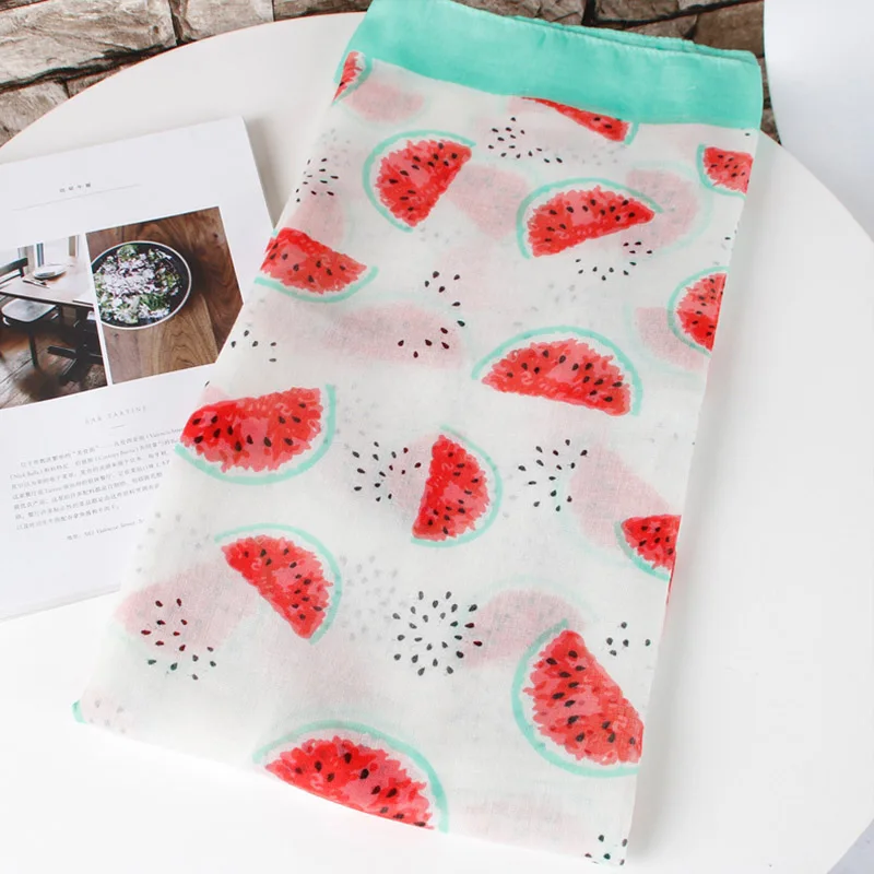 

Women Shawl Cartoon Watermelon Pattern Faux Silks Shawl Scarf Seaside Sun Protection Beach Shawl -MX8