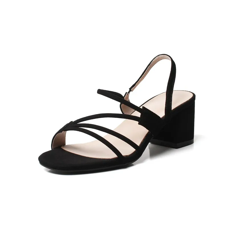 

2020 summer new leather sandals women's head high heels thick heel suede versatile pink shoes