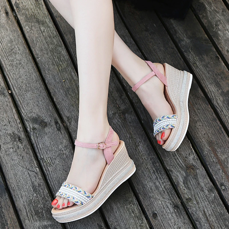 

Summer Shoes for Woman 2021 Wedge Sandals Rhinestone Flower Bling Women's Peep Toe High Heels Sandals Plus Size Ladies Footwear