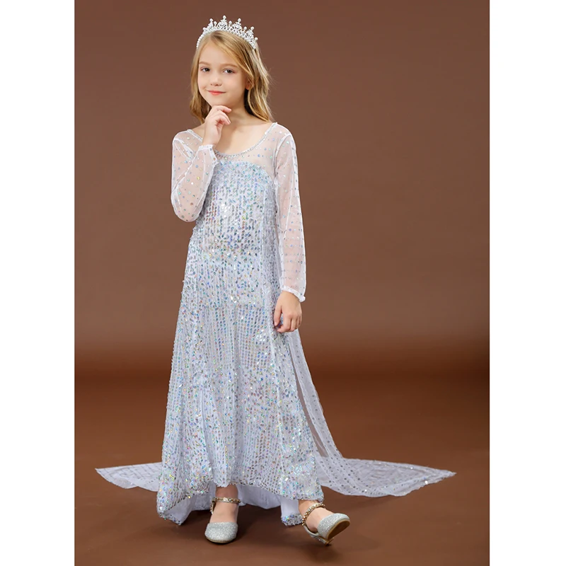 White Blue Elsa Dress for Girls Floor Length Long Tail Dresses Princess Up Halloween Carnival Cosplay Costume Child | Детская одежда и