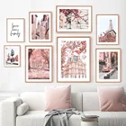Розовый цветок Ретро Автомобиль Велосипед Париж башня вид скандинавские стены Искусство Холст живопись плакаты и принты картинки для декора гостиной
