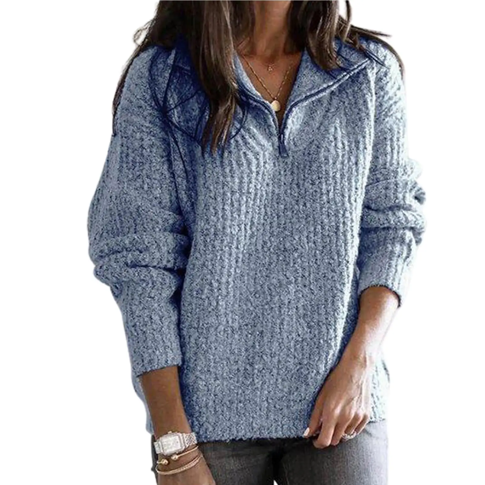 

Women Knitted Sweater Oversize Autumn Winter Half Zipper Pullover Knitwear Long Sleeve Stand Collar Loose Knitted Jumpers Top