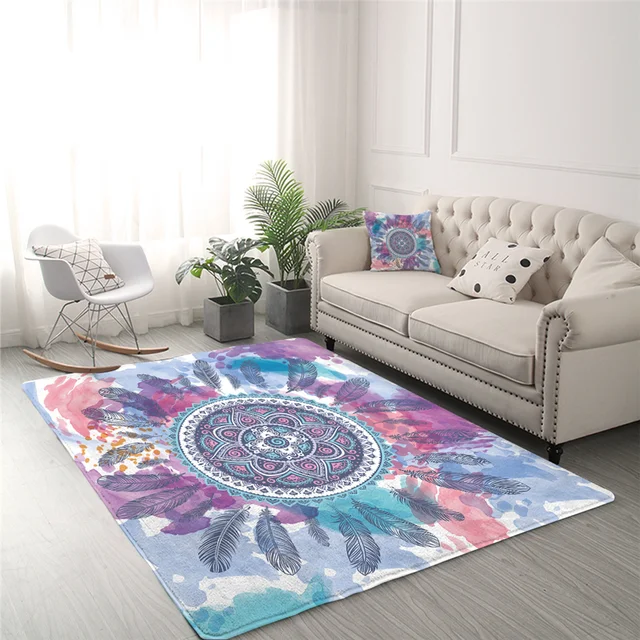 BlessLiving Mandala Feather Living Room Rug Pink Aqua Bedroom Carpet Hippie Circle Floor Mat Watercolor Floral Bohemian Tapete 2