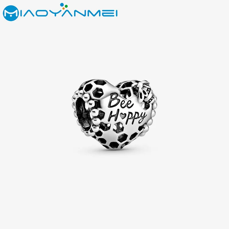 

2020 Spring 925 Sterling Silver Beads Bee Happy Honeycomb Heart Charms fit Original Pandora Bracelets Women DIY Fashion Jewelry