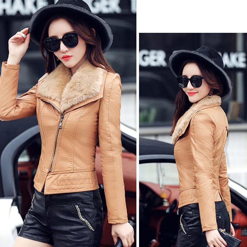 Женская мотоциклетная куртка из пу кожи с большим меховым воротником | одежда