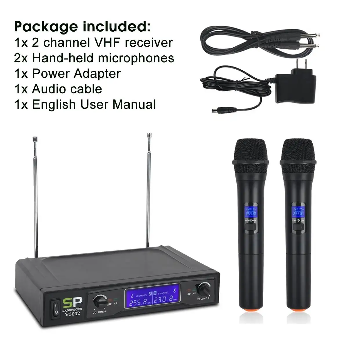 

VHF Wireless Microphone System 2PCS Handheld LCD Mic with 2 CH Receiver VHF Professional Handheld Mic For Party Karaoke Meeting