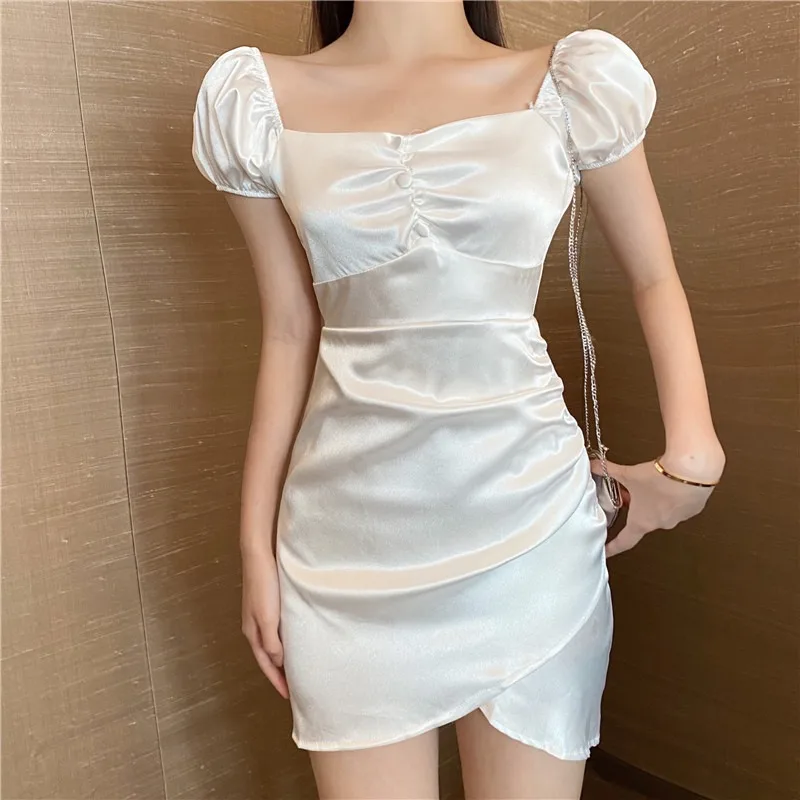 

Small Puff Sleeve Dress 2021 Women's Summer New French Style Square Collar Halter Slim Bag Butt Irregular Short Skirt
