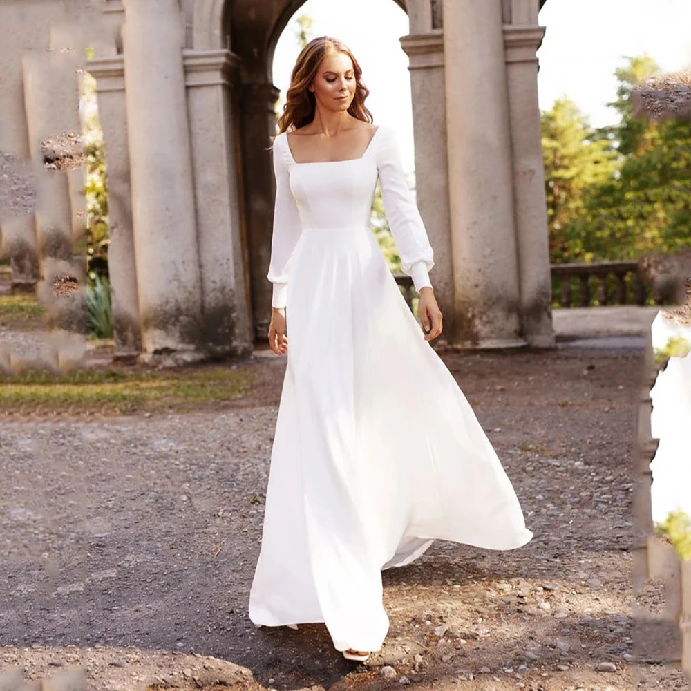 Элегантные мусульманские свадебные платья 2021 Простые с квадратным воротником