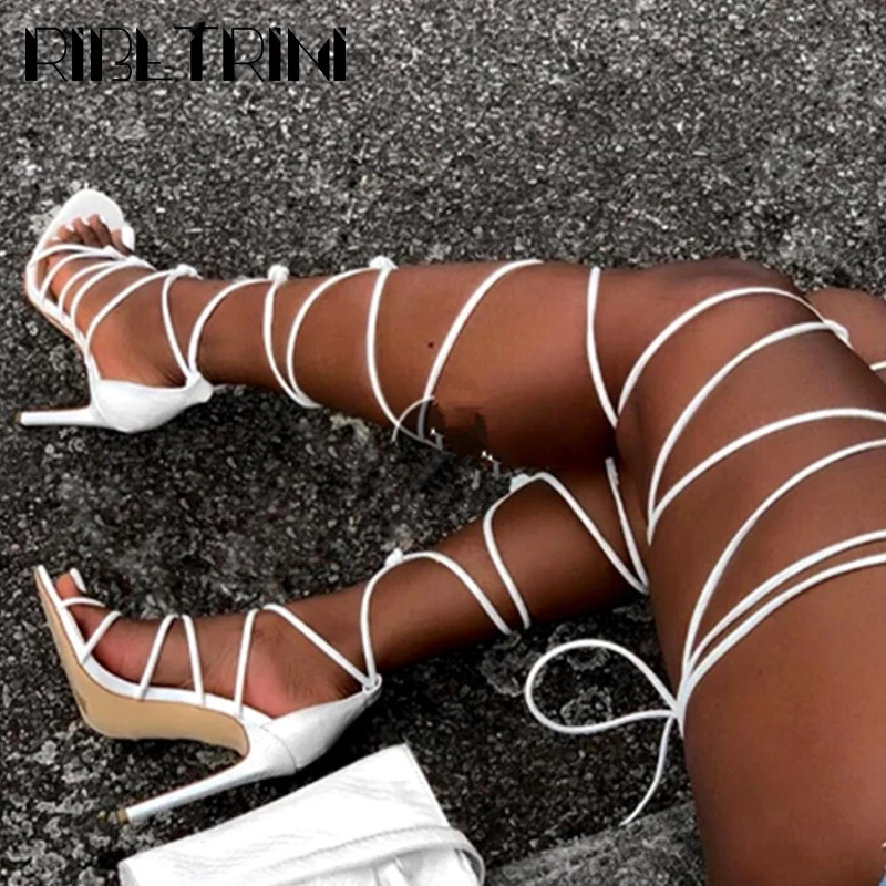 

2021 Women Gladiator Knee High Sandals Open Toe Lace Up Cross Strappy Sandals Women High Heels Trendy Sexy Party Shoes Size 42