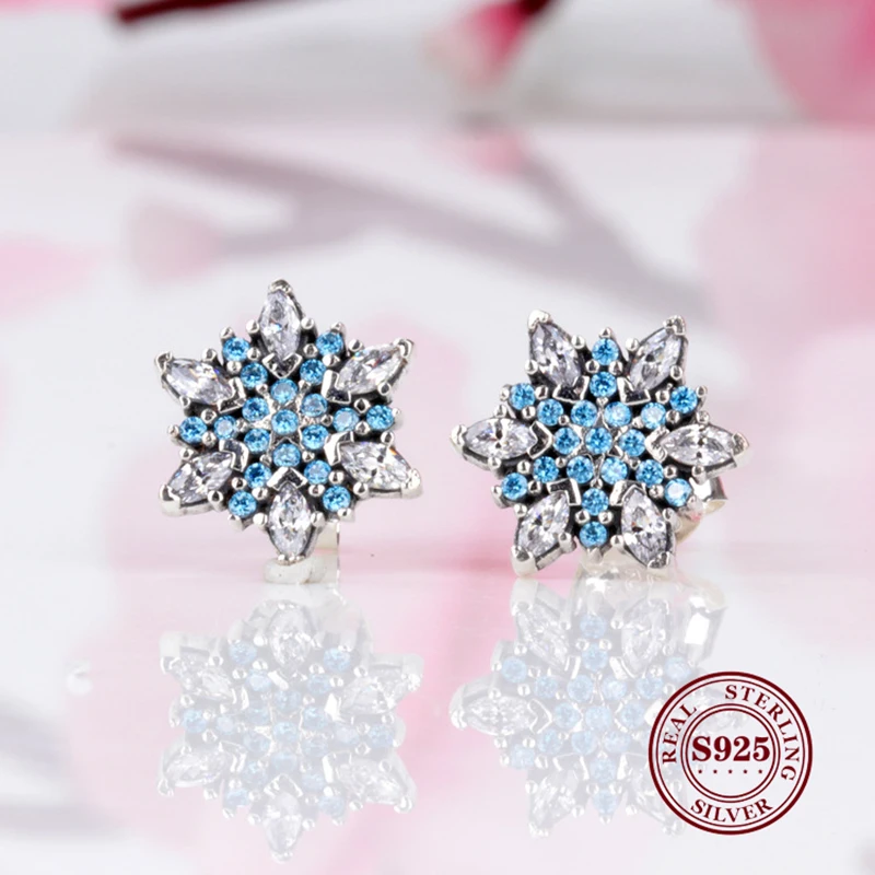 

Original 925 Sterling Silver Sparkling Sea Blue Zircon Earrings Blue Snowflake Earrings Fashion Versatile Snowflake Earring