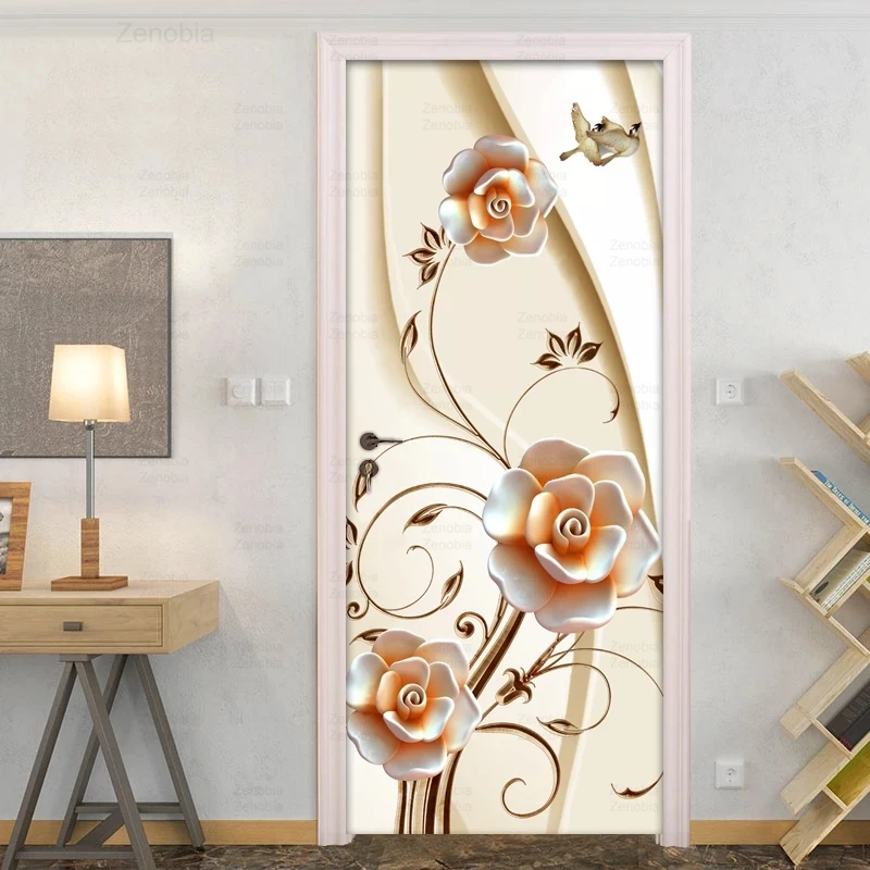 

Door Sticker Elegant Embossed Blooming Flowers Modern Door Decor Wall Mural Pvc Self-Adhesive Wallpaper Living Room Decoration