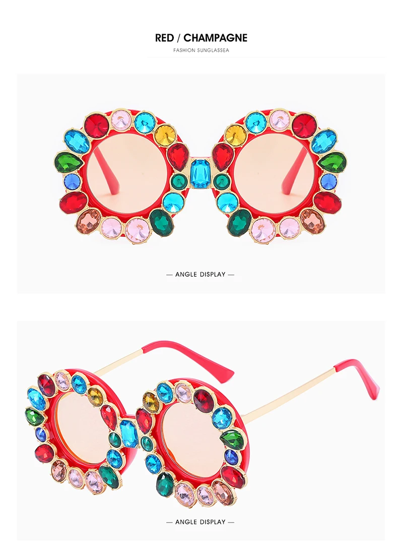 FU E Gorgeous Women Sunglasses Crystal Diamond Handmade Round Eyewear UV400 Mirror Lens Flower Design Summer Sun Glasses