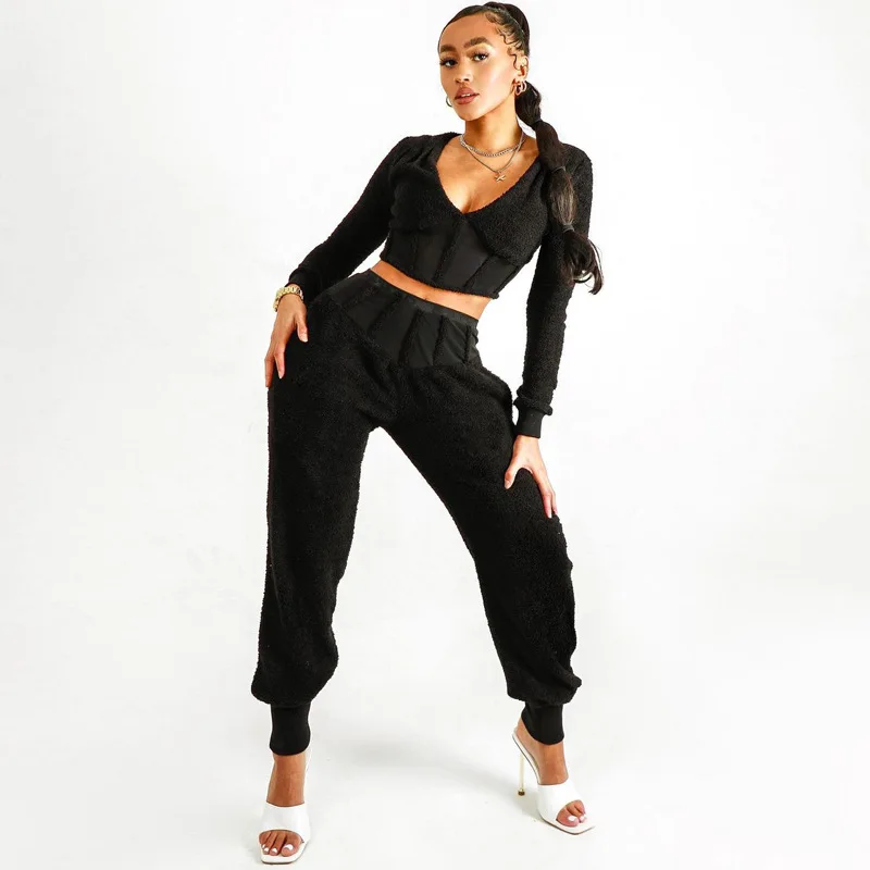 

Casual Artificial Wool Two Piece Outfits Long Track Suit Women Sleeve Crop Top And Pants Solid V Neck Loungewear Sets